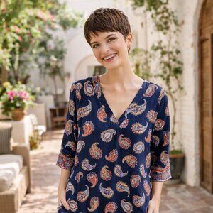 Golbary ✨ Navy Paisley Boho Shift Dress | Lightweight | Pixie-Chic Easy Fit